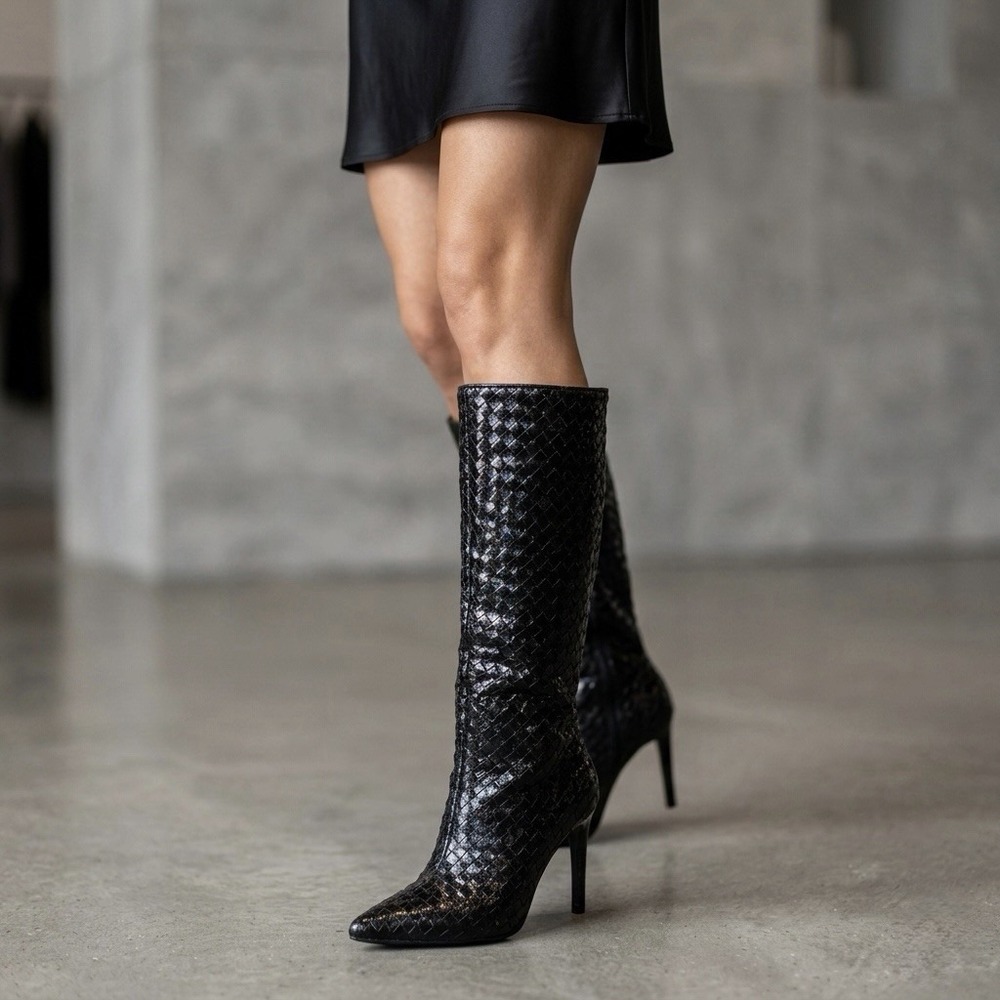 INC International Concepts Size-9.5M Black Woven High Stiletto Boots Pointed Toe